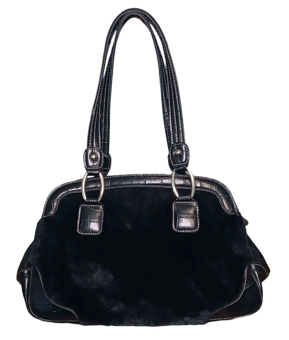 Y2K Kathy Van Zeeland Black Faux Fur & Gold Studded Glam Handbag Croc Embossed - Picture 2 of 7